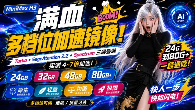 MiniMax H3满血多档位加速镜像！24G到80G+一套通吃，Turbo + SageAttention 2.2 + Spectrum三层叠满，实测4～7倍