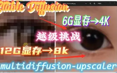 一键突破4K极限！让6G显存生成高清大图不再是梦！8k图仅需12G显存，SD扩展multidiffusion-upscaler