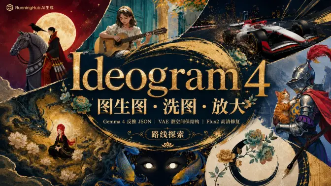 Ideogram 4 图生图路线探索：JSON 式洗图与 VAE 潜空间双路径，Gemma 4 反推锁版式，Flux2 高清修复