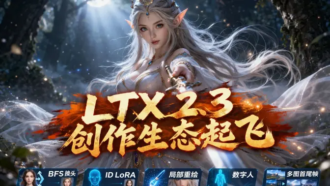 LTX 2.3创作生态起飞: BFS换头、ID LoRA、局部重绘、数字人、多图首尾帧等8套工作流线上镜像整合, 5090免费用