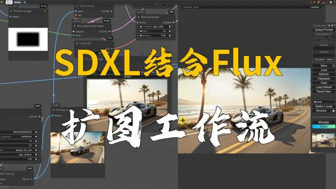 SDXL-ProMax结合Flux的无痕高质量扩图工作流,释放模型潜力