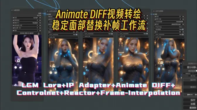 Animate DIFF视频转绘稳定面部替换补帧工作流,LCM Lora+IP Adapter+Animate DIFF+Controlnet+Reactor