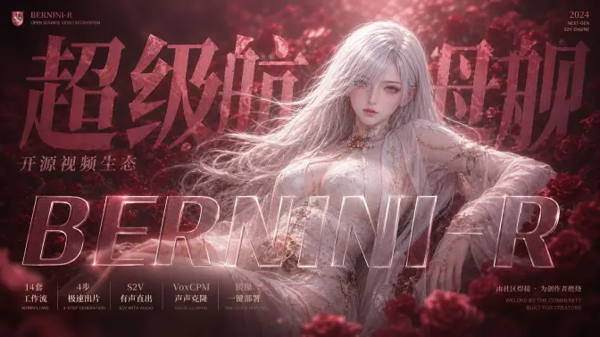 Bernini-R被社区焊成了“超级航母”！4步极速出片、14套工作流、S2V有声直出、VoxCPM声音克隆全部拉满，镜像一键部署