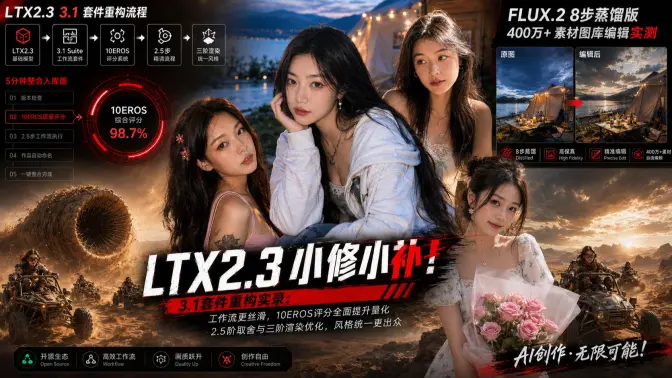 LTX2.3小修小补！3.1套件重构实录：10EROS相似度保持分阶段接入、2.5阶取舍与三阶渲染优化，FLUX.2 8步蒸馏版400万像素单图编辑实测起飞