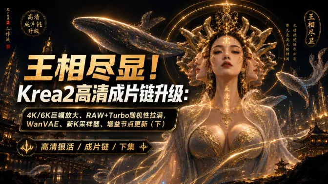 王相尽显！Krea2高清成片链升级：4K/6K巨幅放大、RAW+Turbo随机性拉满，WanVAE、新K采样器、增益节点更新（二）