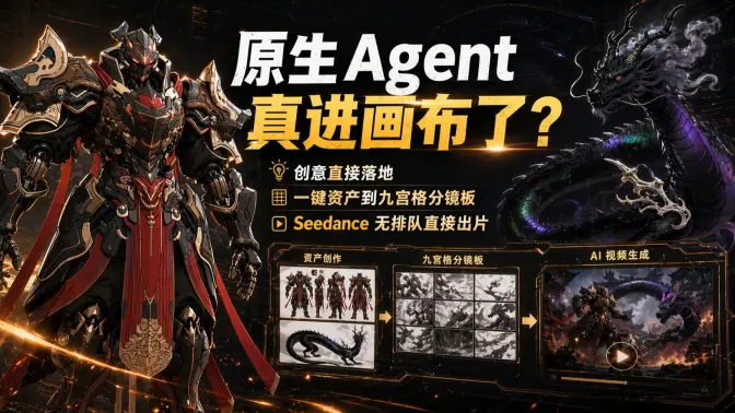 原生 Agent 真进画布了？创意直接落地：一键资产到九宫格分镜板，Seedance无排队直接出片