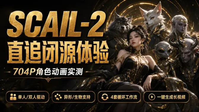 SCAIL-2直追闭源体验｜704P角色动画实测，单人双人、异形驱动，4套循环工作流一键生成长视频