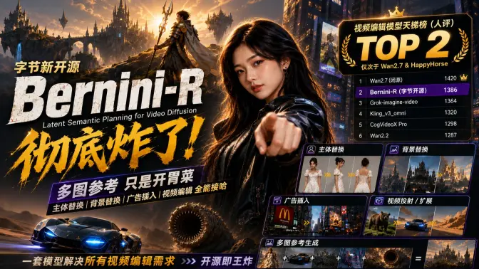字节 Bernini-R 彻底炸了！多图参考只是开胃菜，视频编辑天梯第二，主体替换、背景替换、广告插入全能梭哈